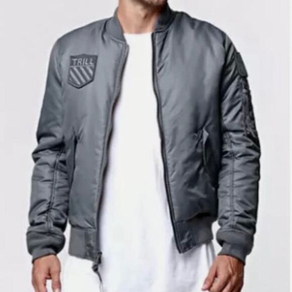 BeenTrill Bomber Flight Jacket Large Mens Insulated Patch Full Zip Outdoor Gray - Picture 2 of 11